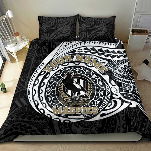 Personalized Collingwood Magpies Polynesian Bedding Set Tribal Chest and Sleeve Tattoo Heritage Warrior