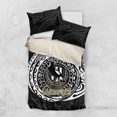 Personalized Collingwood Magpies Polynesian Bedding Set Tribal Chest and Sleeve Tattoo Heritage Warrior