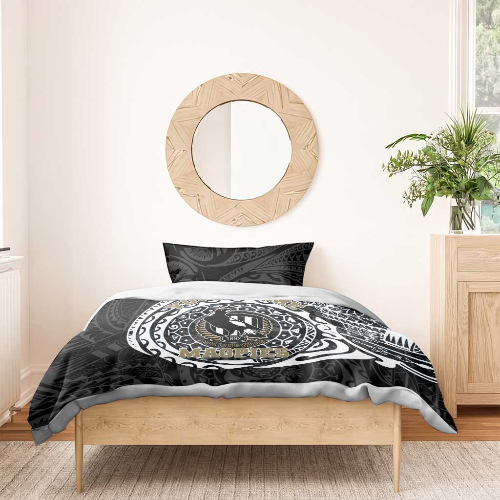 Personalized Collingwood Magpies Polynesian Bedding Set Tribal Chest and Sleeve Tattoo Heritage Warrior