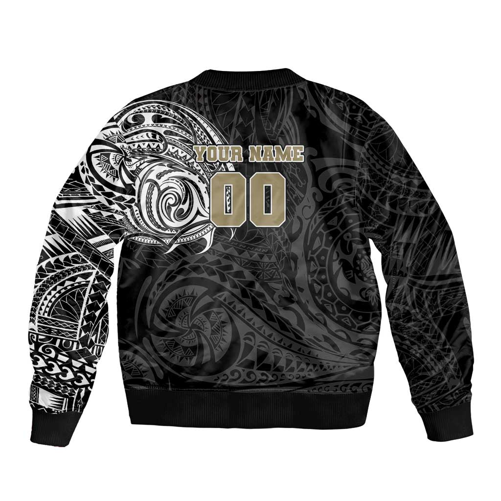 Personalized Collingwood Magpies Polynesian Bomber Jacket Tribal Chest and Sleeve Tattoo Heritage Warrior
