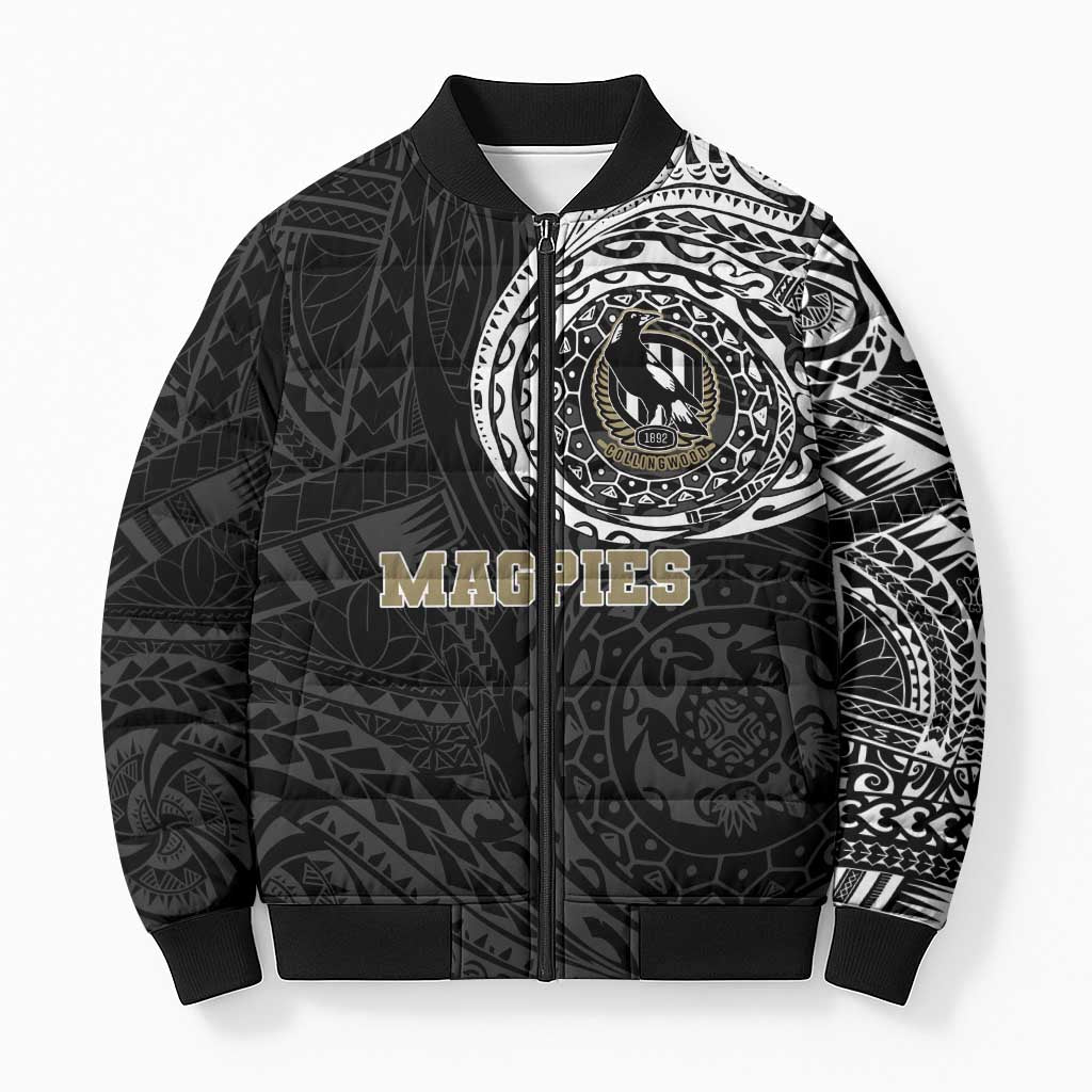 Personalized Collingwood Magpies Polynesian Bomber Puffer Jacket Tribal Chest and Sleeve Tattoo Heritage Warrior