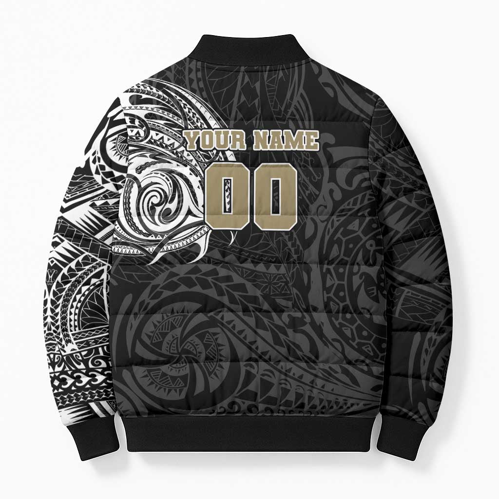 Personalized Collingwood Magpies Polynesian Bomber Puffer Jacket Tribal Chest and Sleeve Tattoo Heritage Warrior