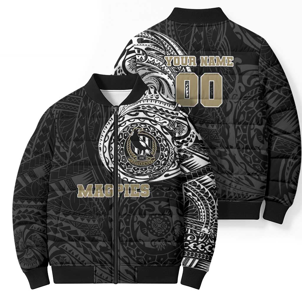 Personalized Collingwood Magpies Polynesian Bomber Puffer Jacket Tribal Chest and Sleeve Tattoo Heritage Warrior