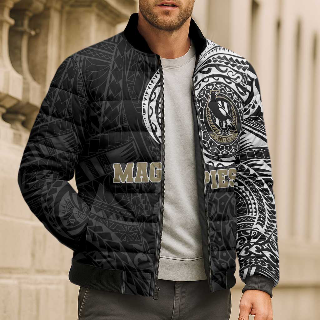 Personalized Collingwood Magpies Polynesian Bomber Puffer Jacket Tribal Chest and Sleeve Tattoo Heritage Warrior