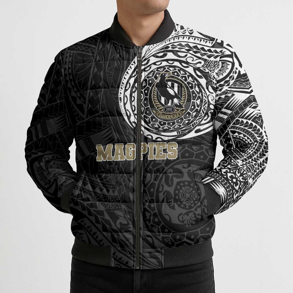 Personalized Collingwood Magpies Polynesian Bomber Puffer Jacket Tribal Chest and Sleeve Tattoo Heritage Warrior