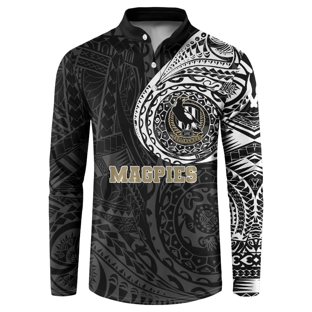Personalized Collingwood Magpies Polynesian Button Sweatshirt Tribal Chest and Sleeve Tattoo Heritage Warrior