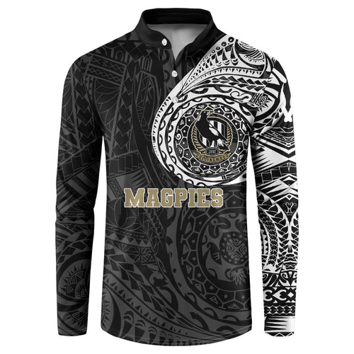 Personalized Collingwood Magpies Polynesian Button Sweatshirt Tribal Chest and Sleeve Tattoo Heritage Warrior