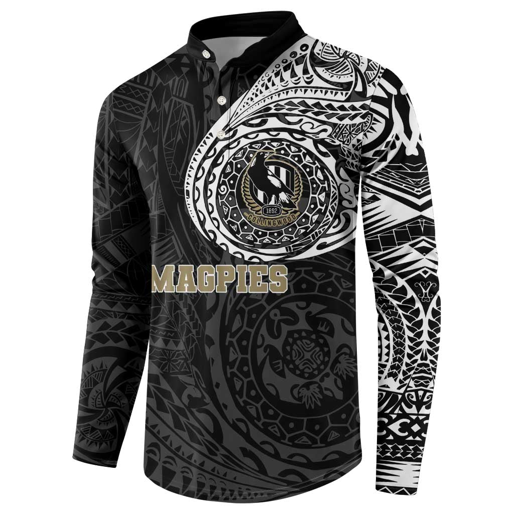 Personalized Collingwood Magpies Polynesian Button Sweatshirt Tribal Chest and Sleeve Tattoo Heritage Warrior
