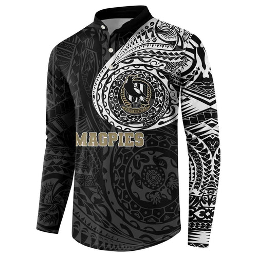 Personalized Collingwood Magpies Polynesian Button Sweatshirt Tribal Chest and Sleeve Tattoo Heritage Warrior