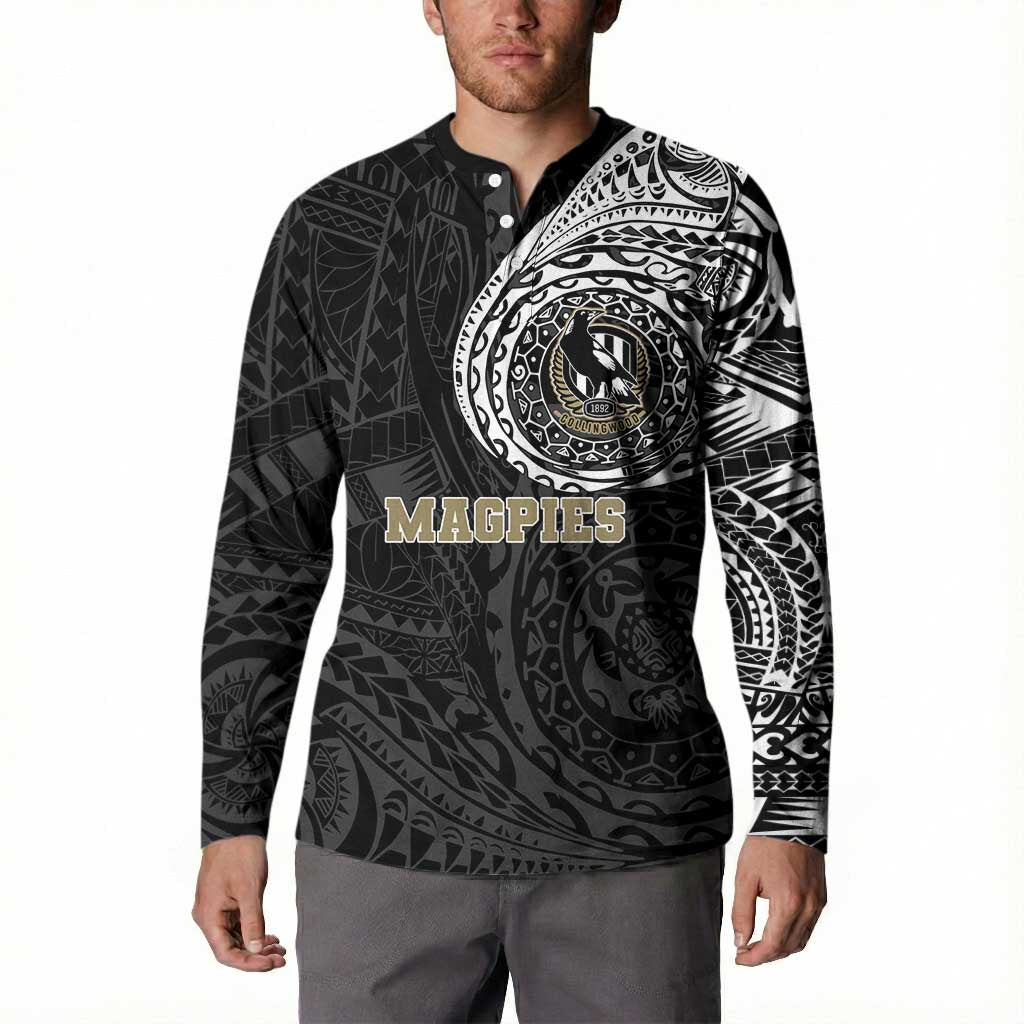 Personalized Collingwood Magpies Polynesian Button Sweatshirt Tribal Chest and Sleeve Tattoo Heritage Warrior