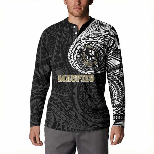 Personalized Collingwood Magpies Polynesian Button Sweatshirt Tribal Chest and Sleeve Tattoo Heritage Warrior