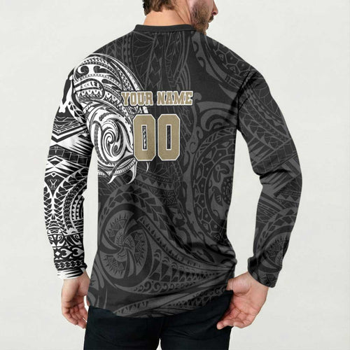 Personalized Collingwood Magpies Polynesian Button Sweatshirt Tribal Chest and Sleeve Tattoo Heritage Warrior