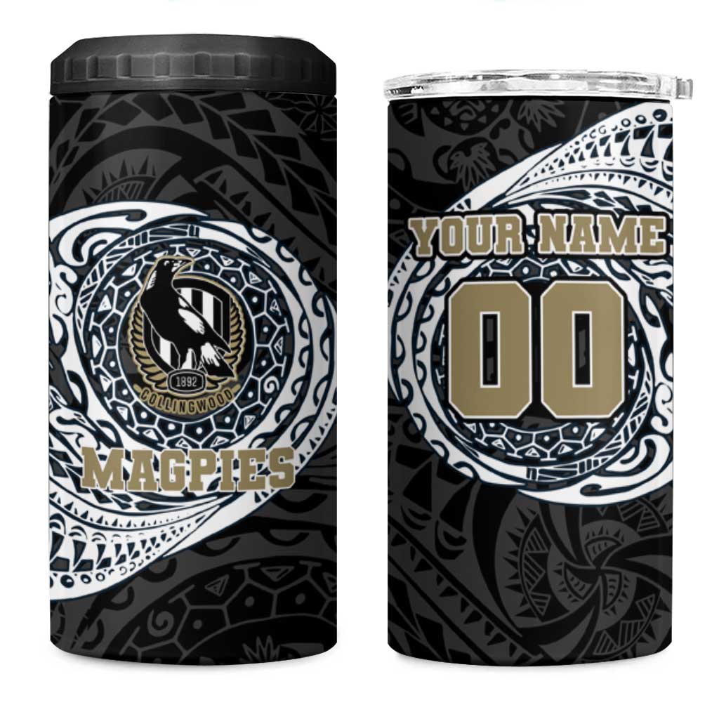Personalized Collingwood Magpies Polynesian 4 in 1 Can Cooler Tumbler Tribal Chest and Sleeve Tattoo Heritage Warrior