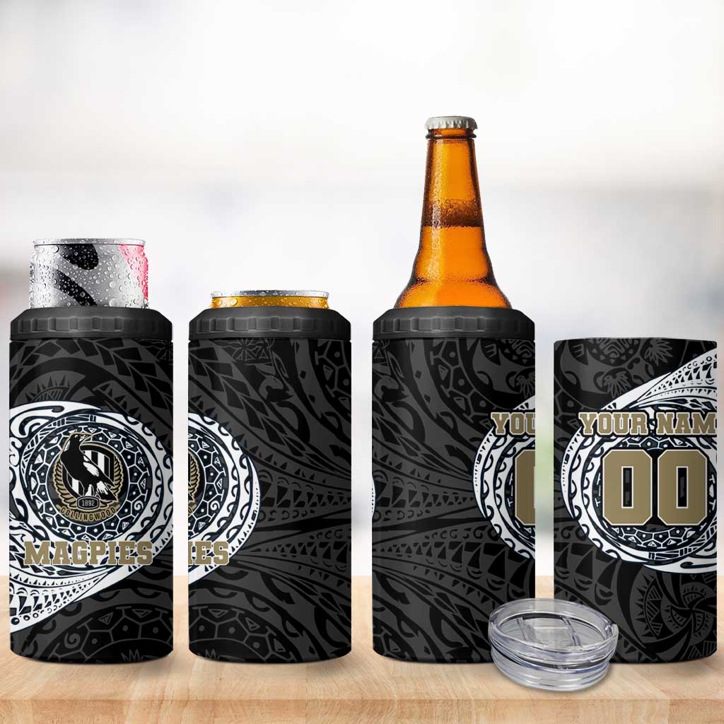 Personalized Collingwood Magpies Polynesian 4 in 1 Can Cooler Tumbler Tribal Chest and Sleeve Tattoo Heritage Warrior