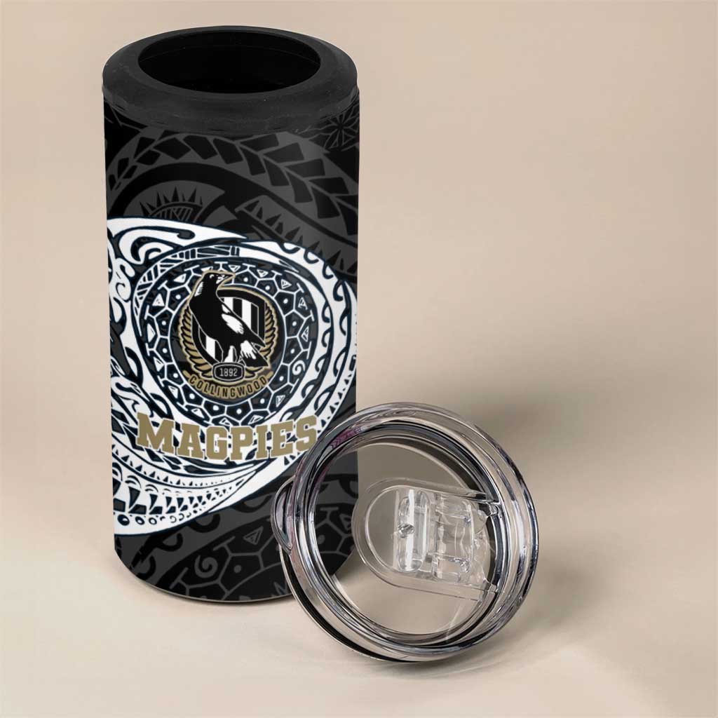 Personalized Collingwood Magpies Polynesian 4 in 1 Can Cooler Tumbler Tribal Chest and Sleeve Tattoo Heritage Warrior