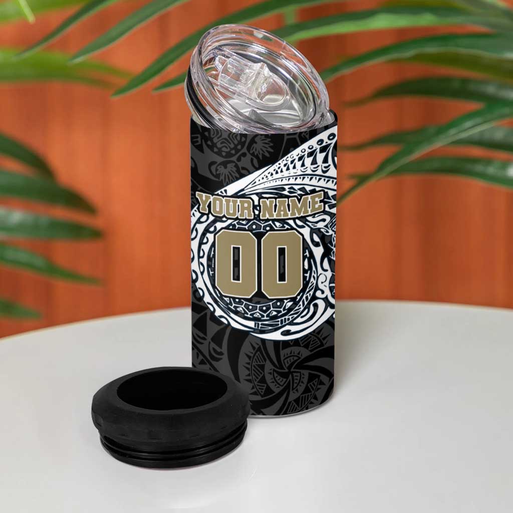 Personalized Collingwood Magpies Polynesian 4 in 1 Can Cooler Tumbler Tribal Chest and Sleeve Tattoo Heritage Warrior