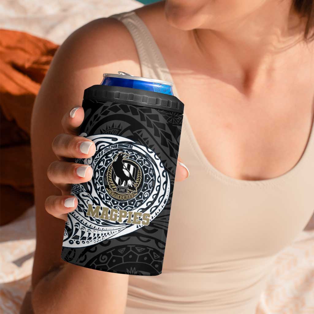 Personalized Collingwood Magpies Polynesian 4 in 1 Can Cooler Tumbler Tribal Chest and Sleeve Tattoo Heritage Warrior