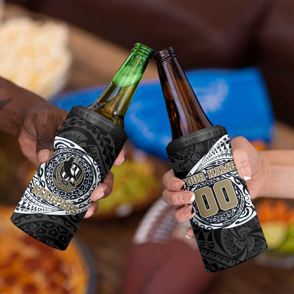 Personalized Collingwood Magpies Polynesian 4 in 1 Can Cooler Tumbler Tribal Chest and Sleeve Tattoo Heritage Warrior