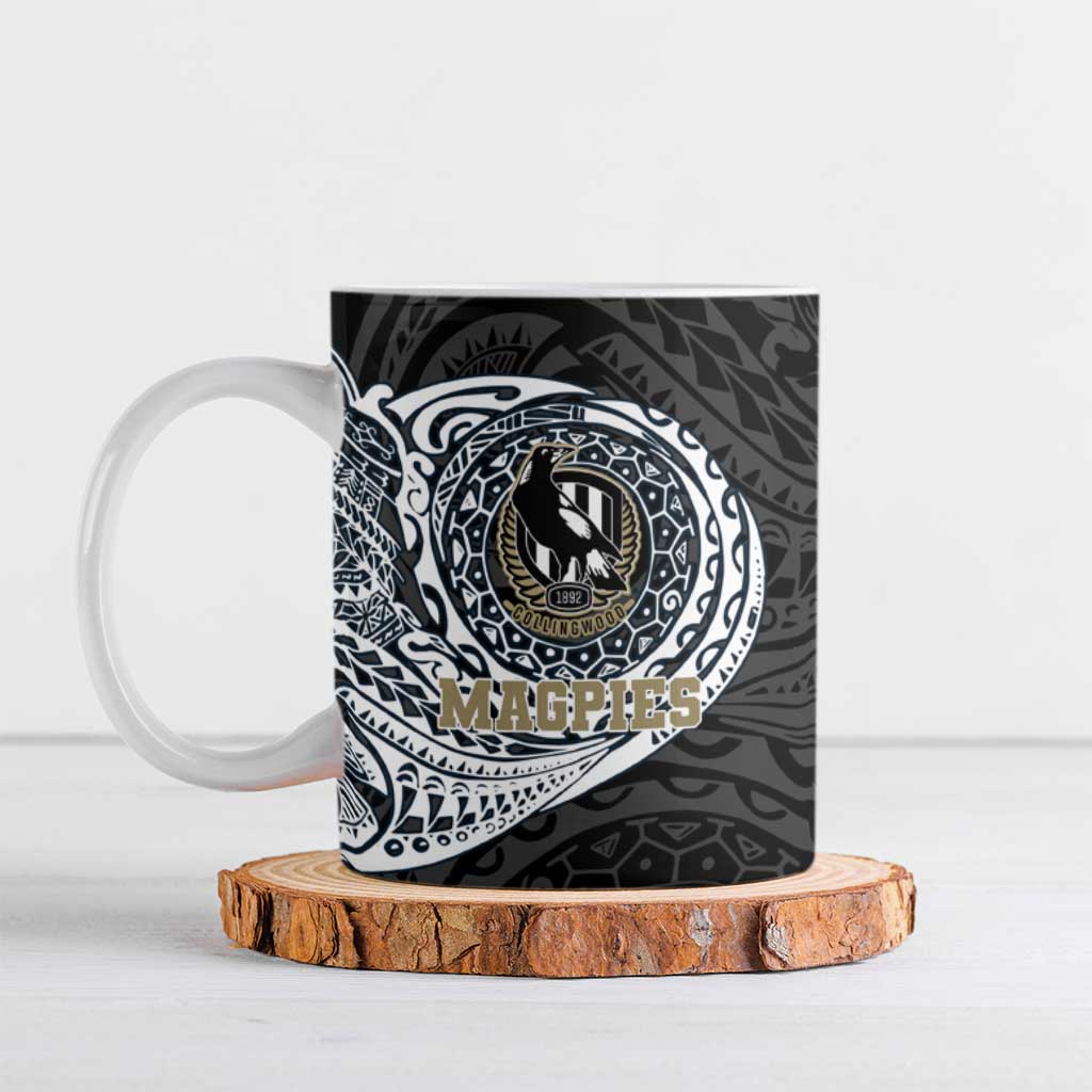 Personalized Collingwood Magpies Polynesian Ceramic Mug Tribal Chest and Sleeve Tattoo Heritage Warrior
