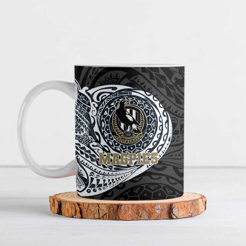 Personalized Collingwood Magpies Polynesian Ceramic Mug Tribal Chest and Sleeve Tattoo Heritage Warrior