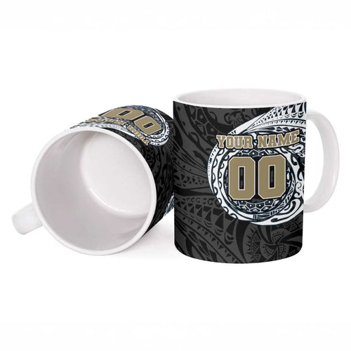 Personalized Collingwood Magpies Polynesian Ceramic Mug Tribal Chest and Sleeve Tattoo Heritage Warrior