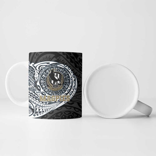 Personalized Collingwood Magpies Polynesian Ceramic Mug Tribal Chest and Sleeve Tattoo Heritage Warrior