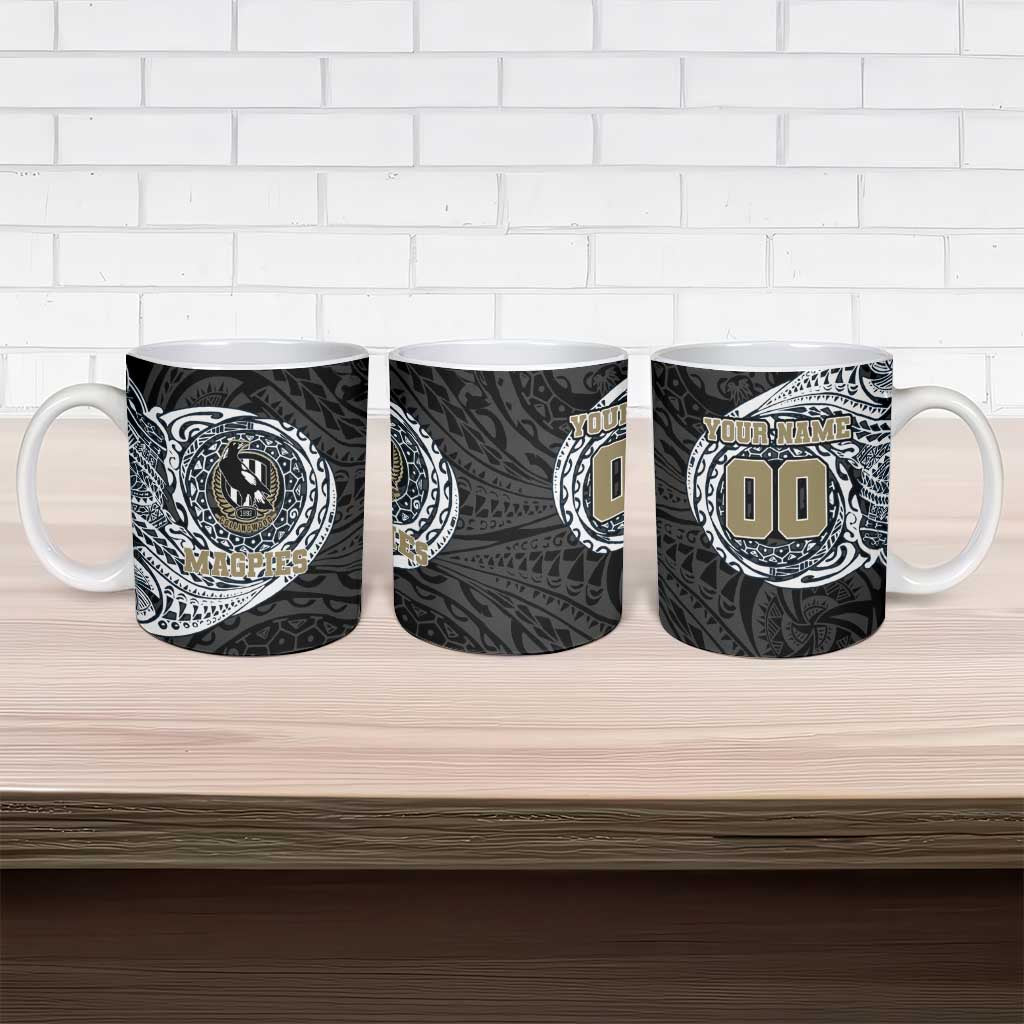 Personalized Collingwood Magpies Polynesian Ceramic Mug Tribal Chest and Sleeve Tattoo Heritage Warrior
