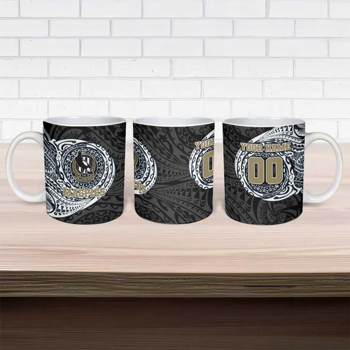 Personalized Collingwood Magpies Polynesian Ceramic Mug Tribal Chest and Sleeve Tattoo Heritage Warrior