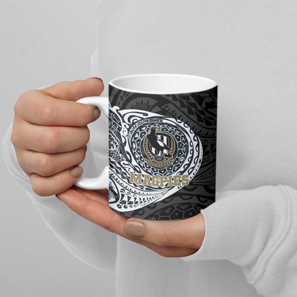 Personalized Collingwood Magpies Polynesian Ceramic Mug Tribal Chest and Sleeve Tattoo Heritage Warrior