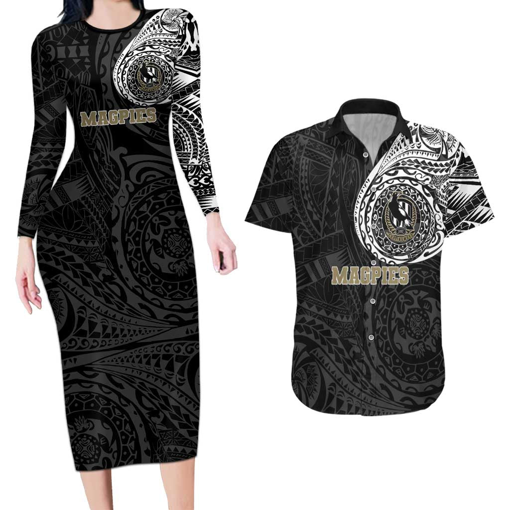 Personalized Collingwood Magpies Polynesian Couples Matching Long Sleeve Bodycon Dress and Hawaiian Shirt Tribal Chest and Sleeve Tattoo Heritage Warrior