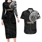 Personalized Collingwood Magpies Polynesian Couples Matching Long Sleeve Bodycon Dress and Hawaiian Shirt Tribal Chest and Sleeve Tattoo Heritage Warrior
