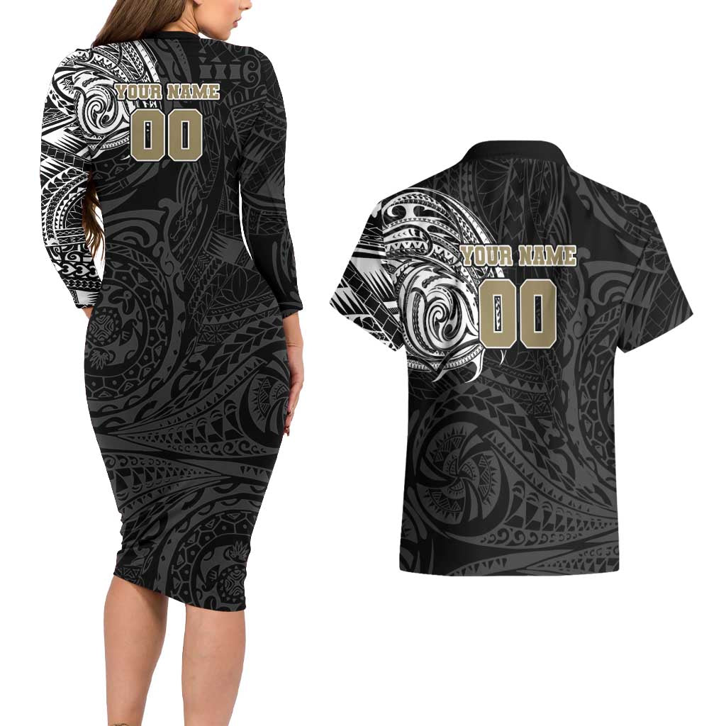 Personalized Collingwood Magpies Polynesian Couples Matching Long Sleeve Bodycon Dress and Hawaiian Shirt Tribal Chest and Sleeve Tattoo Heritage Warrior