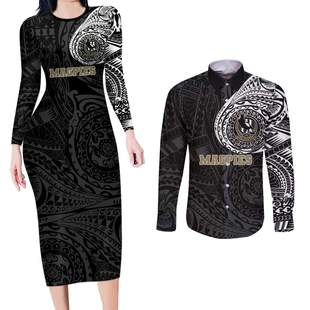 Personalized Collingwood Magpies Polynesian Couples Matching Long Sleeve Bodycon Dress and Long Sleeve Button Shirt Tribal Chest and Sleeve Tattoo Heritage Warrior