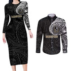 Personalized Collingwood Magpies Polynesian Couples Matching Long Sleeve Bodycon Dress and Long Sleeve Button Shirt Tribal Chest and Sleeve Tattoo Heritage Warrior