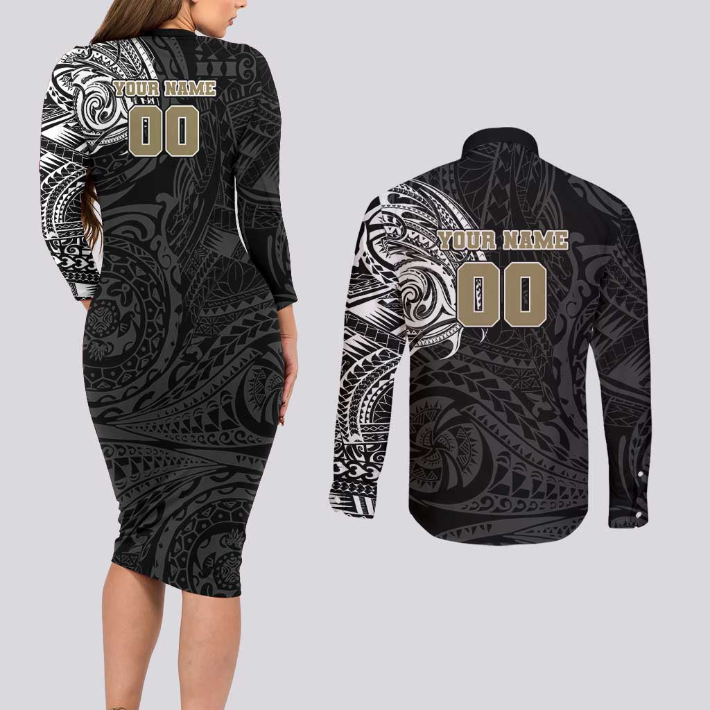 Personalized Collingwood Magpies Polynesian Couples Matching Long Sleeve Bodycon Dress and Long Sleeve Button Shirt Tribal Chest and Sleeve Tattoo Heritage Warrior