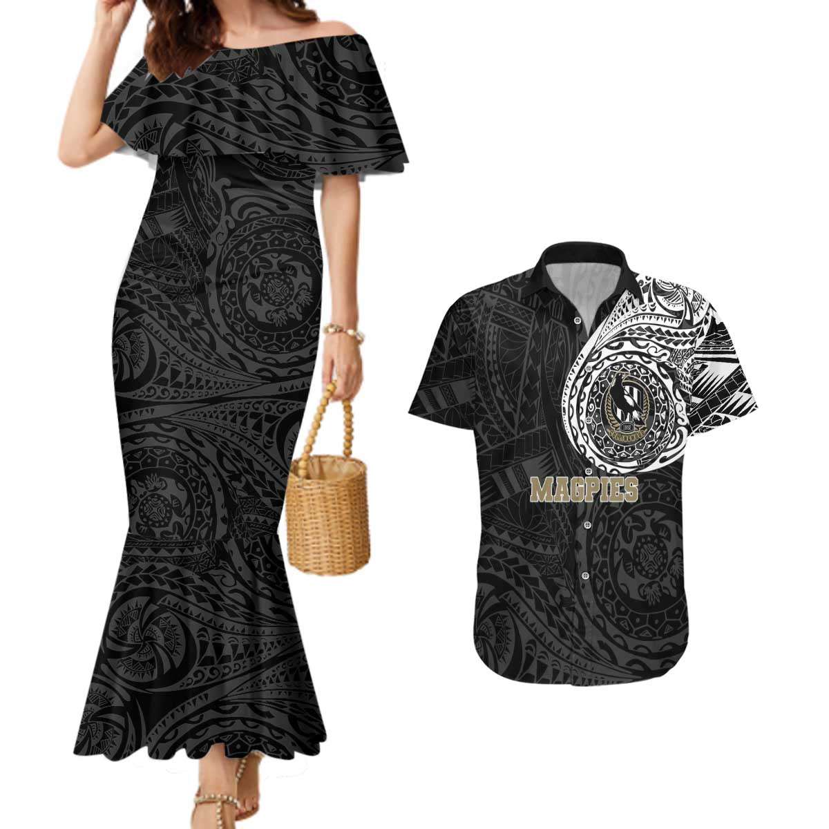 Personalized Collingwood Magpies Polynesian Couples Matching Mermaid Dress and Hawaiian Shirt Tribal Chest and Sleeve Tattoo Heritage Warrior
