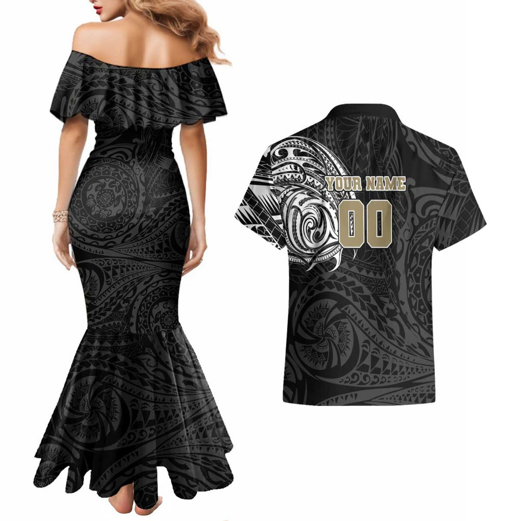 Personalized Collingwood Magpies Polynesian Couples Matching Mermaid Dress and Hawaiian Shirt Tribal Chest and Sleeve Tattoo Heritage Warrior