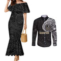 Personalized Collingwood Magpies Polynesian Couples Matching Mermaid Dress and Long Sleeve Button Shirt Tribal Chest and Sleeve Tattoo Heritage Warrior