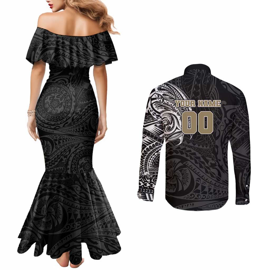 Personalized Collingwood Magpies Polynesian Couples Matching Mermaid Dress and Long Sleeve Button Shirt Tribal Chest and Sleeve Tattoo Heritage Warrior