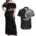 Personalized Collingwood Magpies Polynesian Couples Matching Off Shoulder Maxi Dress and Hawaiian Shirt Tribal Chest and Sleeve Tattoo Heritage Warrior