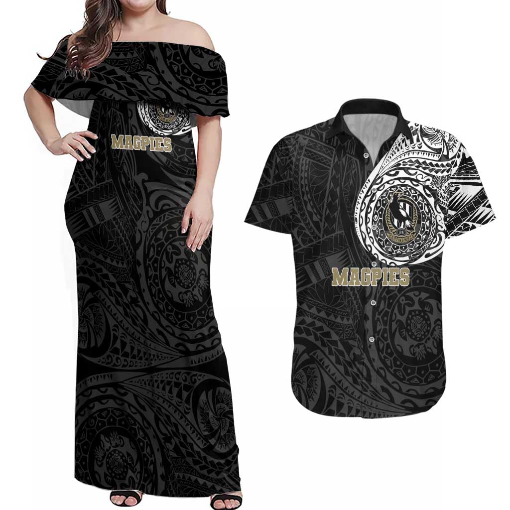 Personalized Collingwood Magpies Polynesian Couples Matching Off Shoulder Maxi Dress and Hawaiian Shirt Tribal Chest and Sleeve Tattoo Heritage Warrior