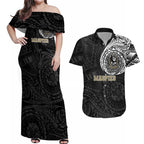 Personalized Collingwood Magpies Polynesian Couples Matching Off Shoulder Maxi Dress and Hawaiian Shirt Tribal Chest and Sleeve Tattoo Heritage Warrior
