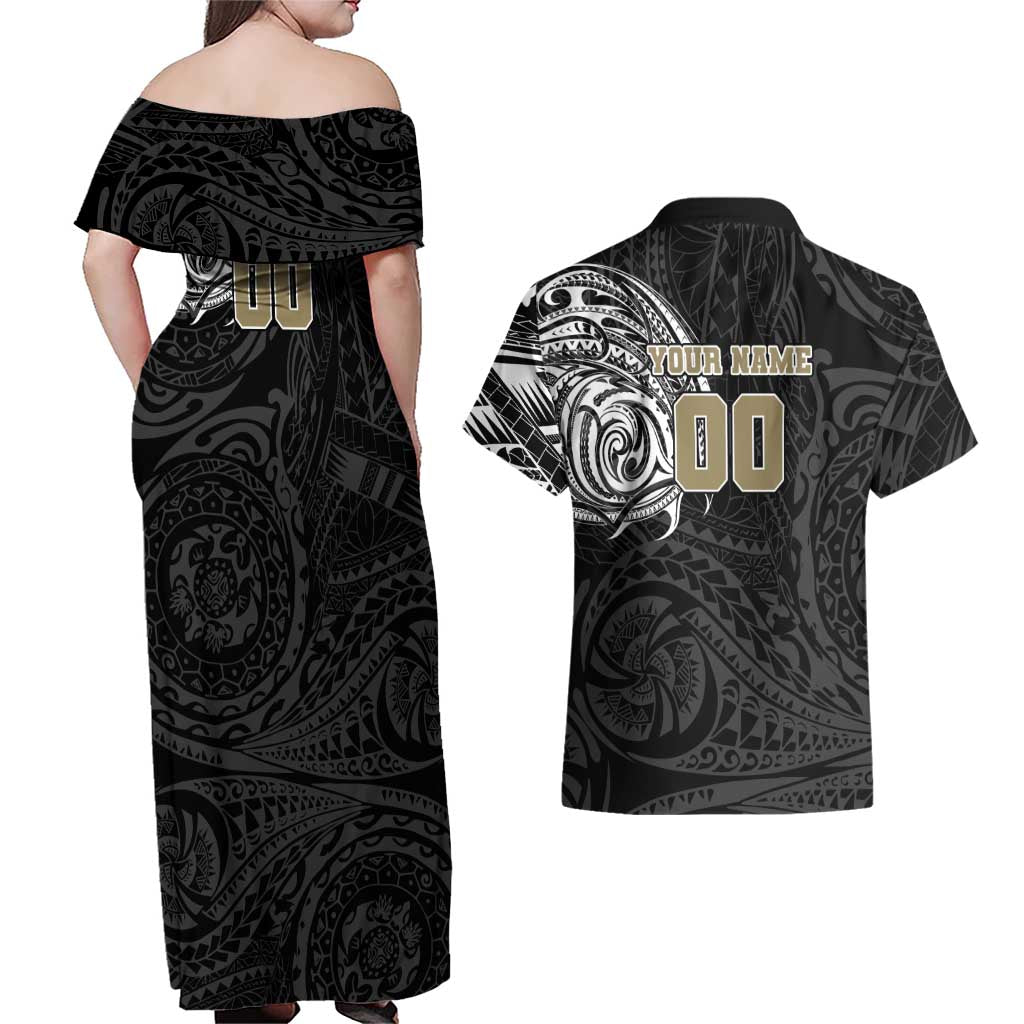 Personalized Collingwood Magpies Polynesian Couples Matching Off Shoulder Maxi Dress and Hawaiian Shirt Tribal Chest and Sleeve Tattoo Heritage Warrior