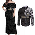 Personalized Collingwood Magpies Polynesian Couples Matching Off Shoulder Maxi Dress and Long Sleeve Button Shirt Tribal Chest and Sleeve Tattoo Heritage Warrior