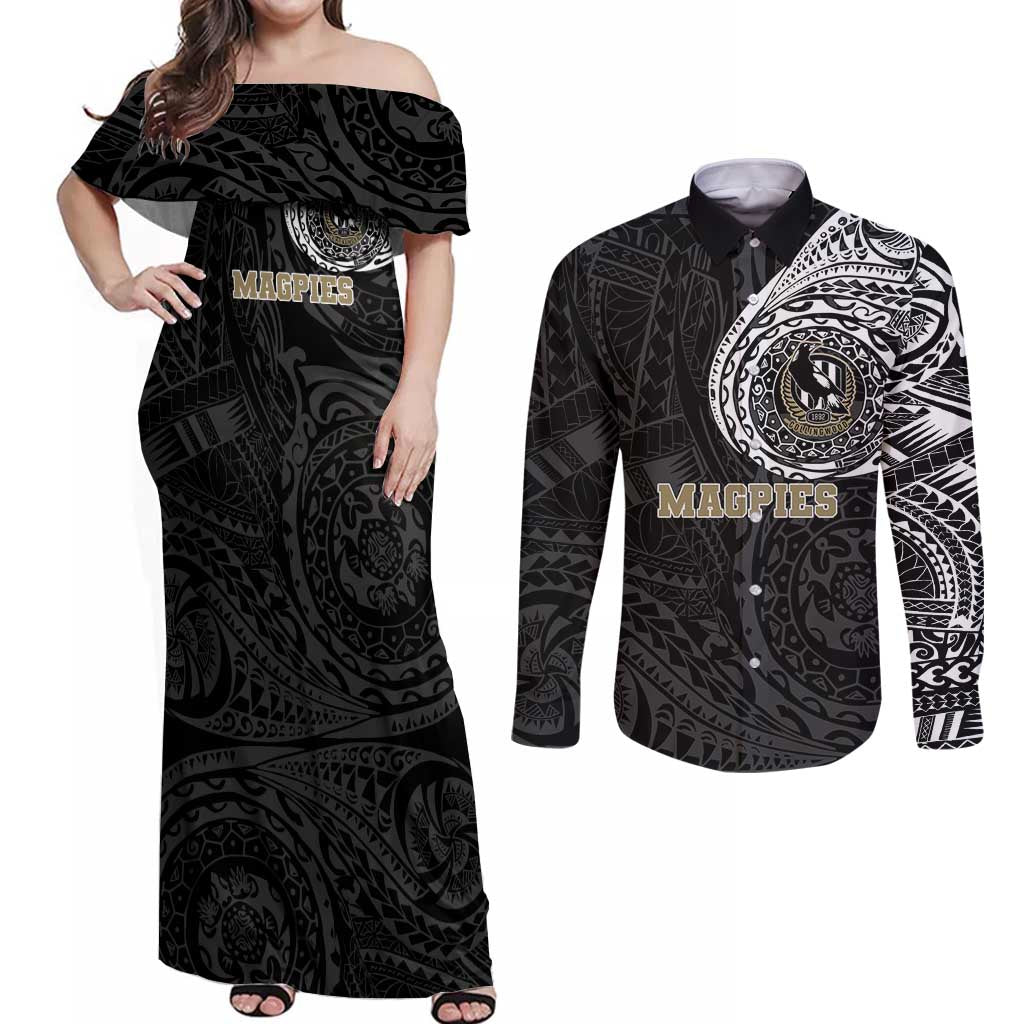 Personalized Collingwood Magpies Polynesian Couples Matching Off Shoulder Maxi Dress and Long Sleeve Button Shirt Tribal Chest and Sleeve Tattoo Heritage Warrior