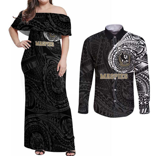 Personalized Collingwood Magpies Polynesian Couples Matching Off Shoulder Maxi Dress and Long Sleeve Button Shirt Tribal Chest and Sleeve Tattoo Heritage Warrior