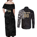 Personalized Collingwood Magpies Polynesian Couples Matching Off Shoulder Maxi Dress and Long Sleeve Button Shirt Tribal Chest and Sleeve Tattoo Heritage Warrior