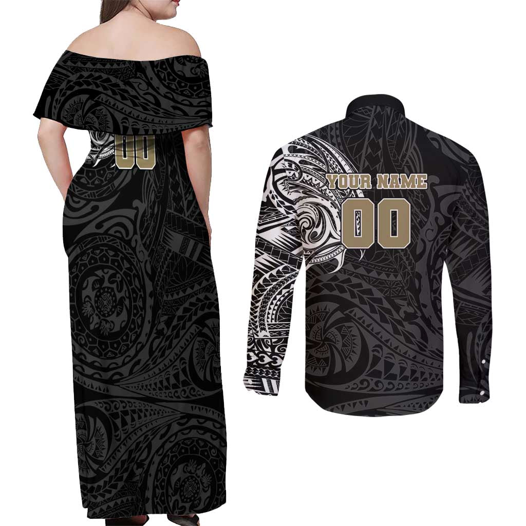 Personalized Collingwood Magpies Polynesian Couples Matching Off Shoulder Maxi Dress and Long Sleeve Button Shirt Tribal Chest and Sleeve Tattoo Heritage Warrior