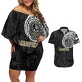 Personalized Collingwood Magpies Polynesian Couples Matching Off Shoulder Short Dress and Hawaiian Shirt Tribal Chest and Sleeve Tattoo Heritage Warrior
