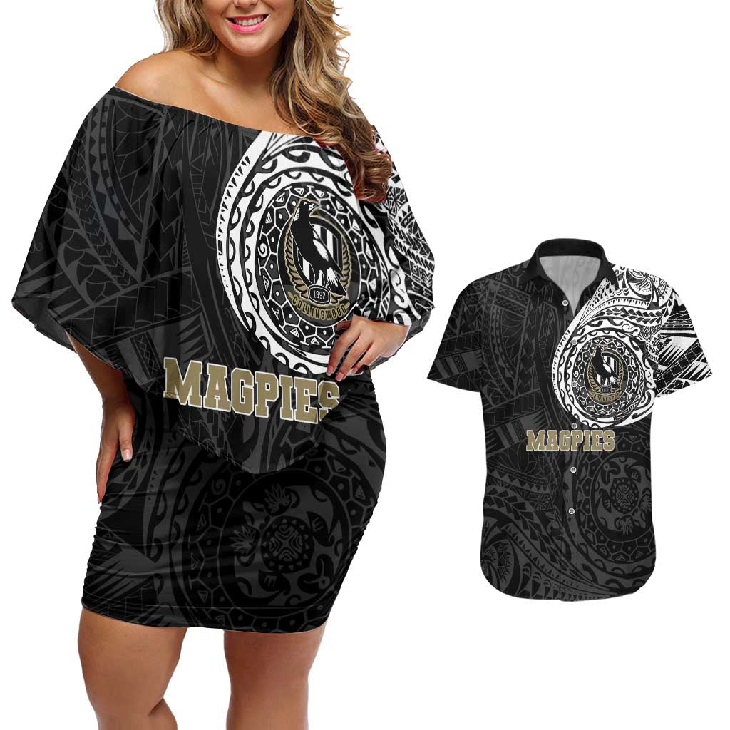 Personalized Collingwood Magpies Polynesian Couples Matching Off Shoulder Short Dress and Hawaiian Shirt Tribal Chest and Sleeve Tattoo Heritage Warrior